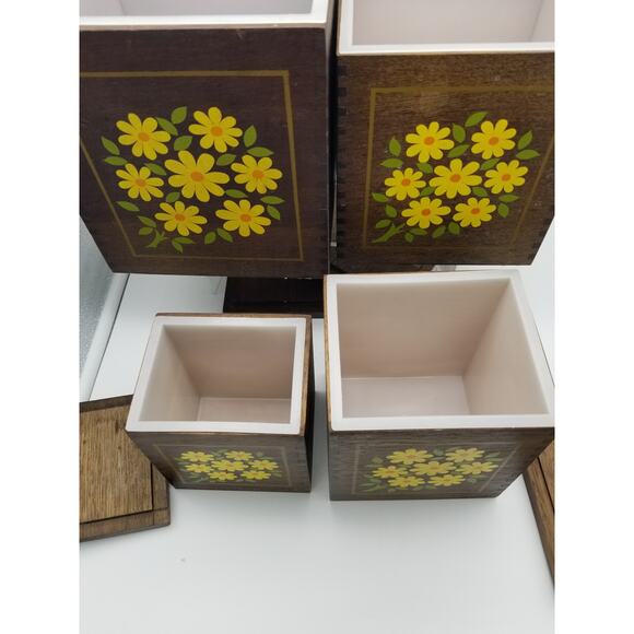 Imperial Hand Carved HardWood Canisters Yellow Flowers Japan Vintage Set nesting - Picture 14 of 16